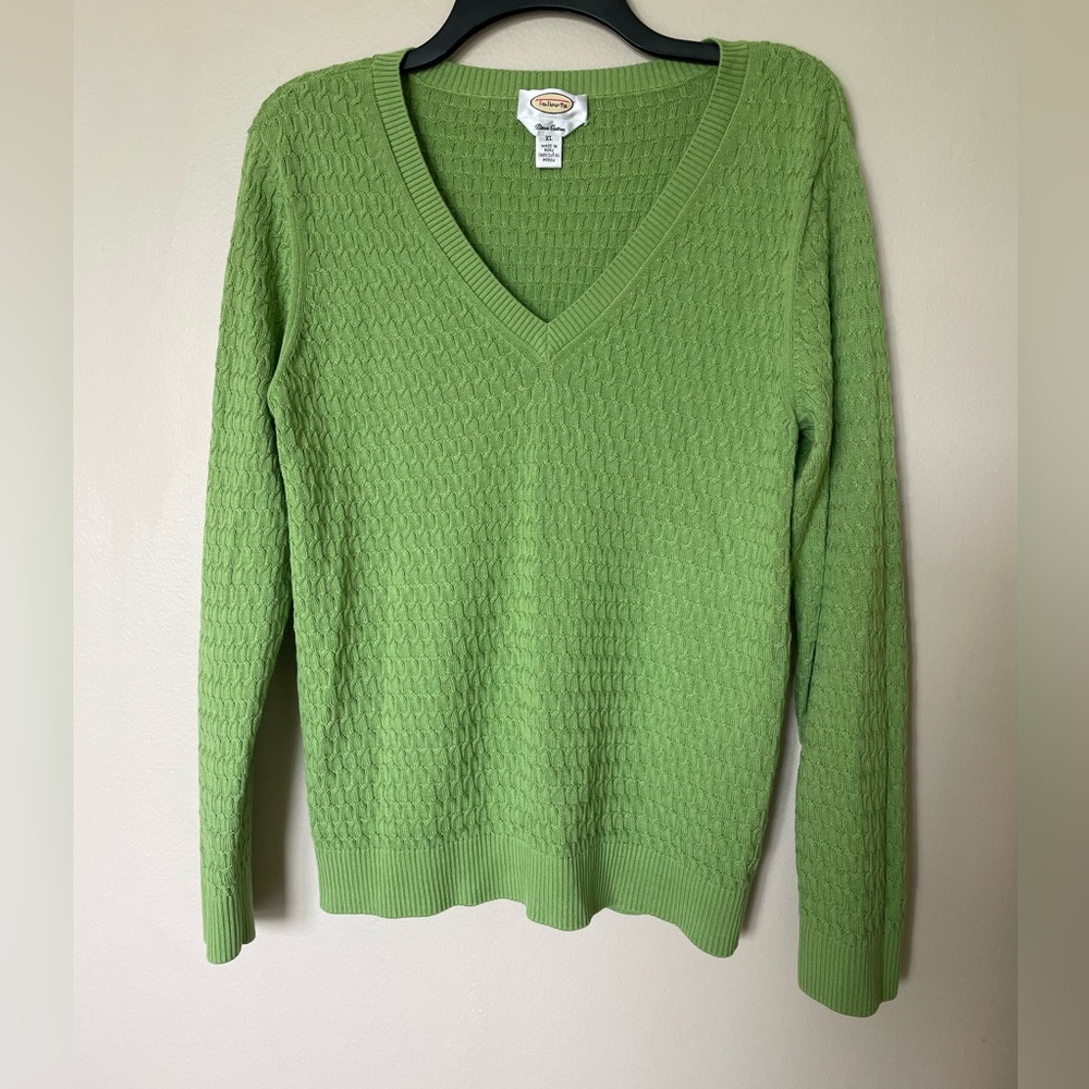 Talbots Classic Green Long Sleeved Cable Knit V-Neck Pima Cotton Sweater XL - Picture 2 of 7